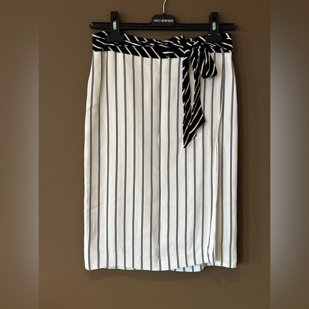 Ann Taylor Black and White Vertical Stripe Tie-Waist Pencil Skirt